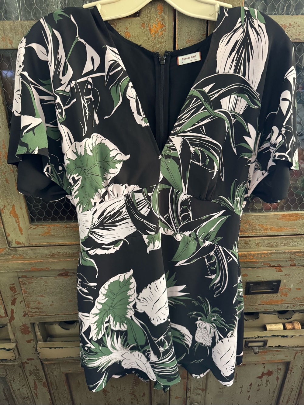 Sunday Best Black Dress with Green and White Tropical Leaf Print